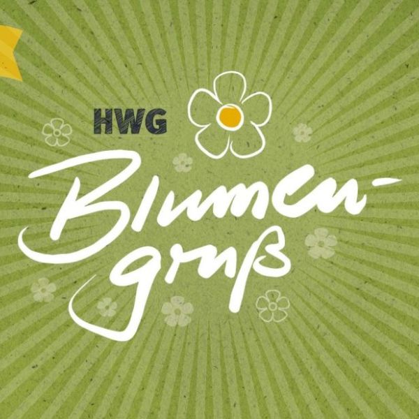 Bildbeschreibung: Einladungskarte in grün mit weißer Schrift "HWG Blumengruß"