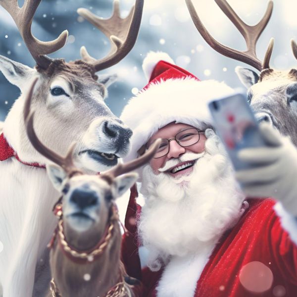 Bildbeschreibung: Animierter Nikolaus macht ein Selfi mit drei Rentieren