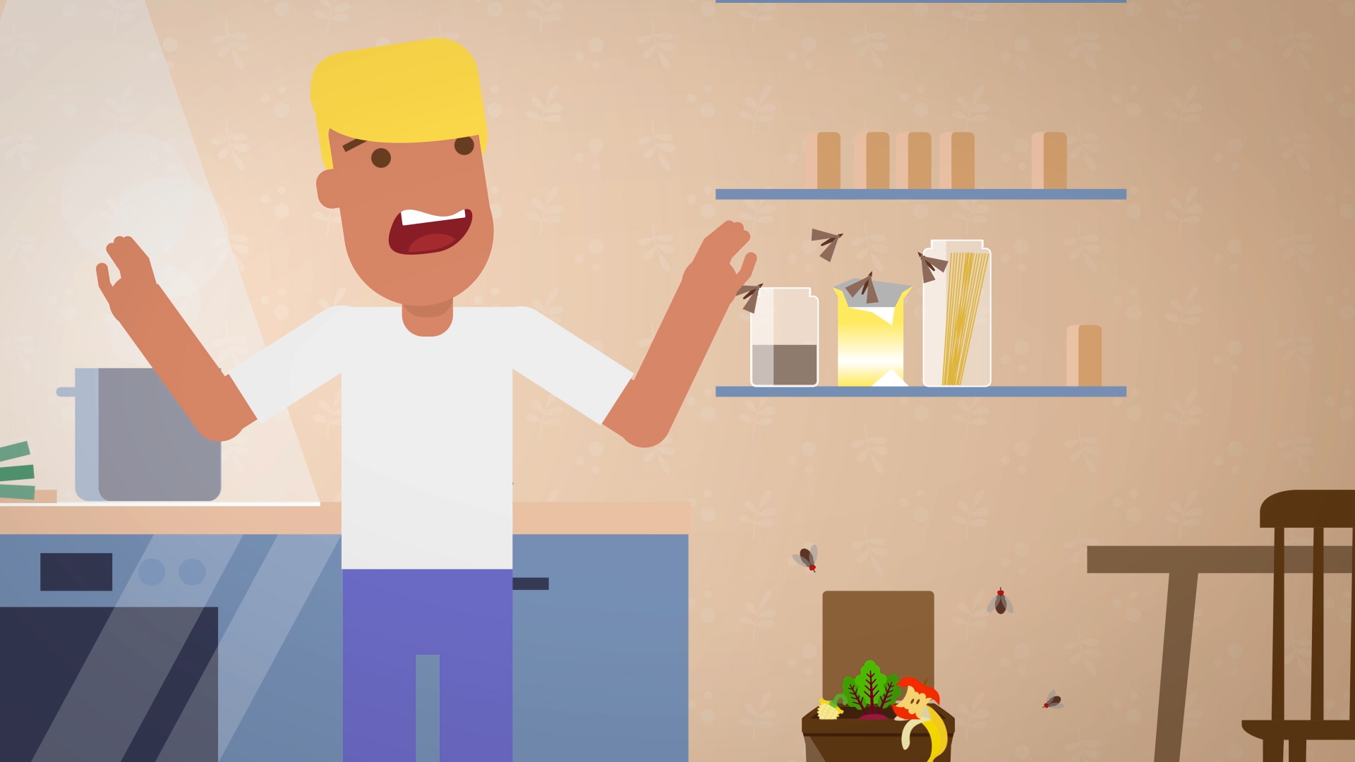 animierte Person erschreckt sich vor Lebensmittelmotten in seiner Wohnung