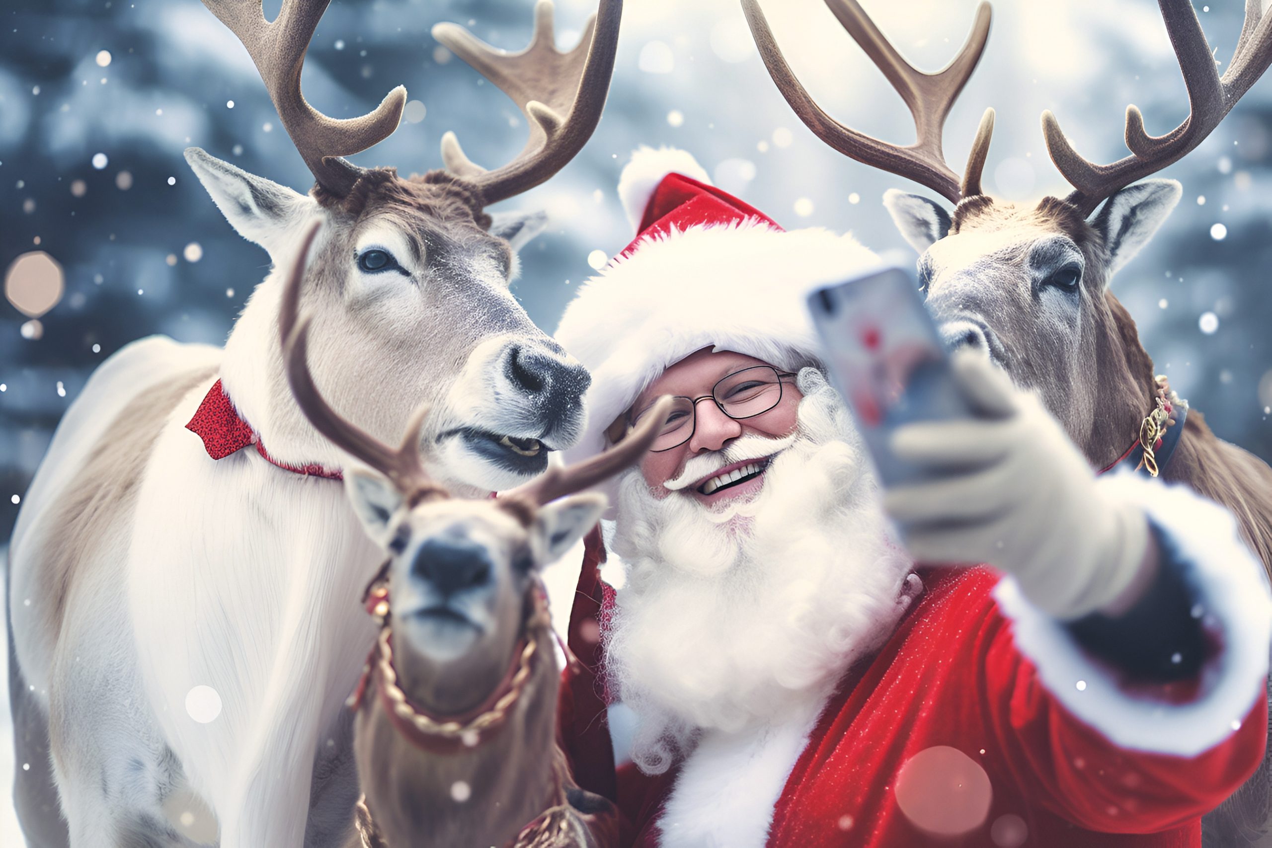 creative illustration happy smiling santa claus taking a selfie