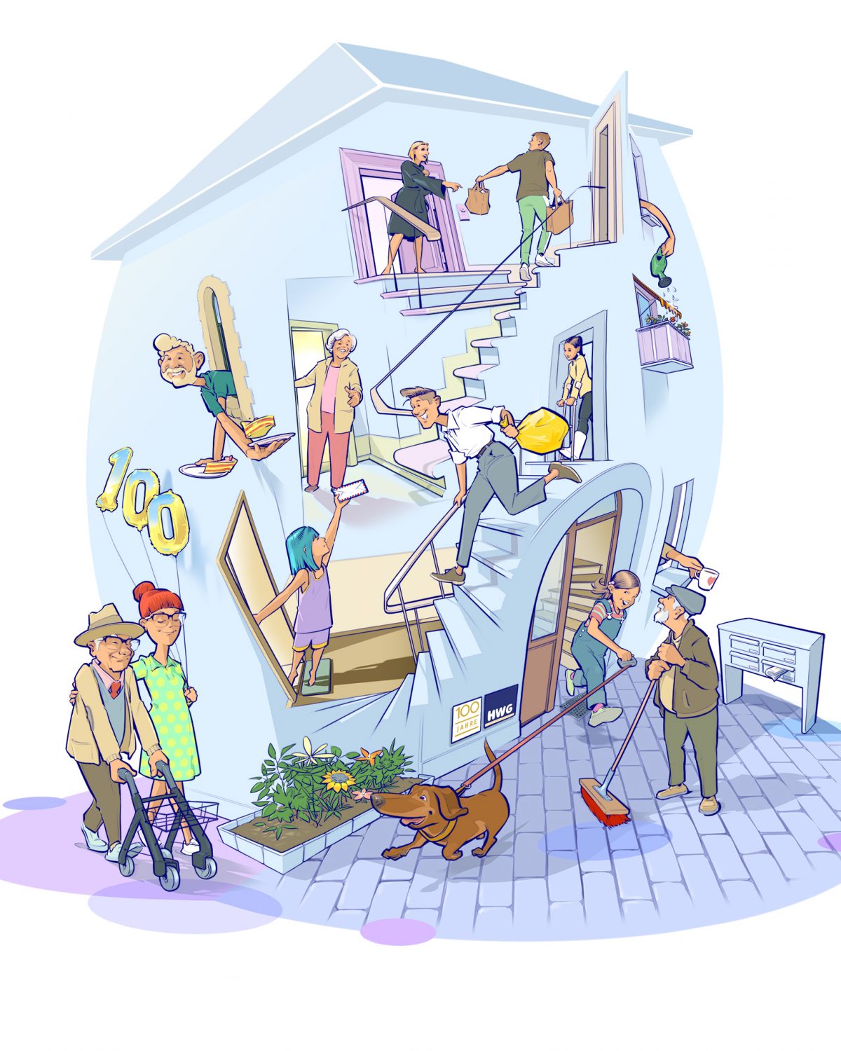 Aktion Lieblingsnachbar: Illustration mit Bewohnern eines Hauses
